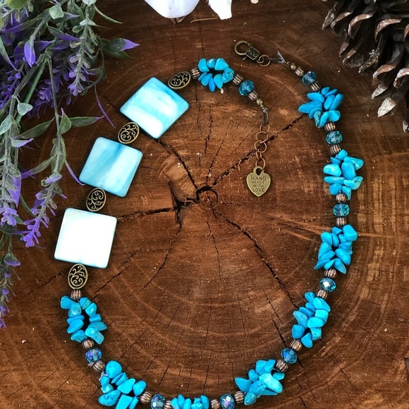 Turquoise stone necklaceblue pearls mother shell asymmetrical necklace square - Picture 5 of 12